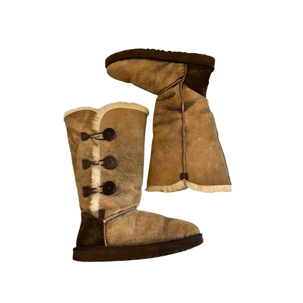 UGG Australia Bailey Button Triplet Boots Distressed Bomber Sand Tan Tall